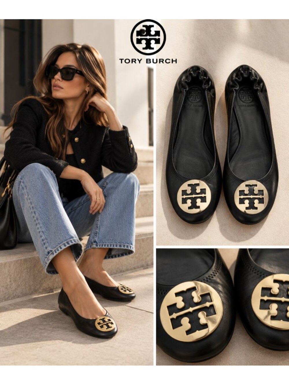 Tory Burch Reva Ballet Flats Womens Black Leather Gold Logo Medallion Size 9.5 M